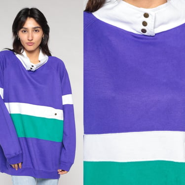 Striped Sweatshirt 90s Purple White Green Mock Neck Sweatshirt Retro Snap Up Pullover Color Block Raglan Sleeve Shirt Vintage 1990s 3xl 22w 