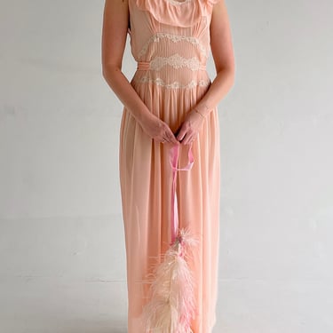 1930's Pink Silk Chiffon Dress with Cream Lace