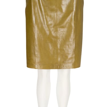 Mario Valentino 1980s Vintage Olive Leather Scalloped Waist Pencil Skirt Sz XS 