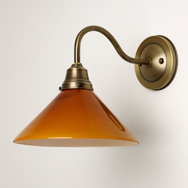 Gooseneck Wall Sconce - Amber Glass Cone Shade - Task Lighting - Brass Wall Lamp - Kitchen Fixture 