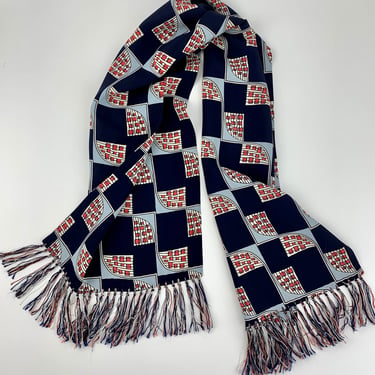 Men's 1940'S Jazzy Printed Scarf - PILGRIM Label - All Rayon - Navy, Light Blue, Red & White  - Multi Colored Knotted Fringe 