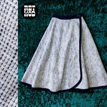 Vintage 60s 70s Black White Tweed Wrap-Style Midi Wool Skirt 