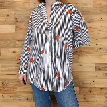 90's Vintage Pinstriped Embroidered Pumpkins and Candy Corn Fall Halloween Button Up Shirt Top Blouse 