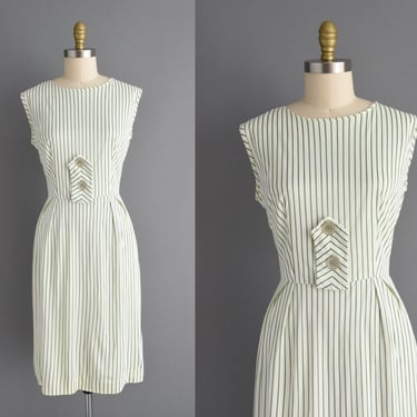 1950s vintage dress | Adorable Green & White Stripe Print Summer Day Dress | Large | 50s dress 