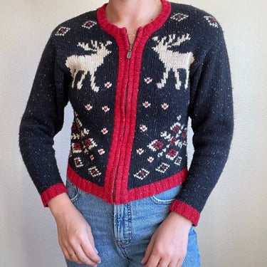 Vintage Y2K Christmas Reindeer Wool Blend Full Zip Cropped Cardigan Sz S 