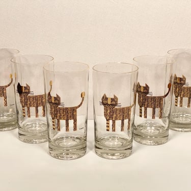 Set of Six 1950's Couroc Gold Cat Highball Glasses 