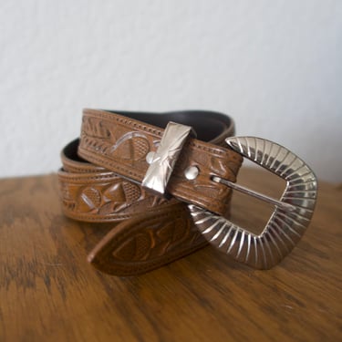 Vintage Acorn Tooled Western Buckle Belt 