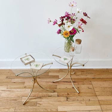 Round Faux Bamboo Brass and Glass Side Tables