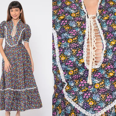 70s Prairie Dress Calico Floral Maxi Dress Lace Up Corset Puff Sleeve Tiered Hippie Cottagecore Ankle Length Vintage 1970s Extra Small xs 