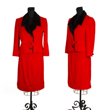 1950s Suit ~ Red Flannel with Black Curly Persian Lamb Lined Suit by 