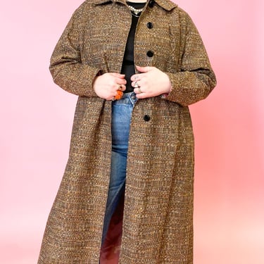 1950s Brown Tweed Trench Coat, sz. L/XL