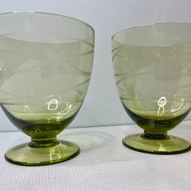 Pair of Vintage Etched Green Glass Footed Compote Bowls / Cocktail Glasses 