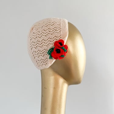 Cutest Ever 1930's Ivory Crochet and Poppies Knit Cloche Hat / OS