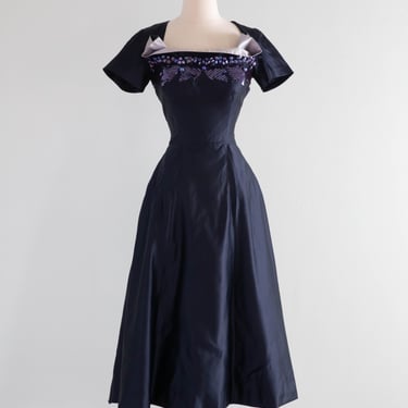 Extraordinary 1950's Midnight Silk Cocktail Dress By Milmont / Small