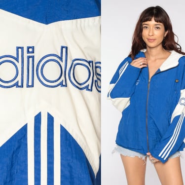 ADIDAS Hooded Jacket -- 90s Hood Windbreaker Coat Nylon Blue Hooded Sports Vintage 1990s Streetwear Sportswear Hoodie Stripes Men's Medium 