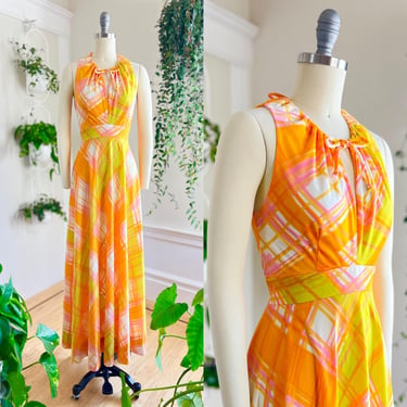 Vintage 1970s Maxi Dress | 70s Plaid Jersey Keyhole Orange Yellow Full Length Gown (x-small/small) 