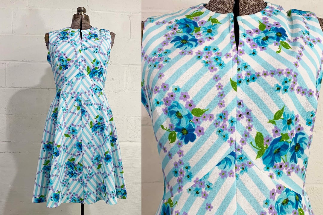 Vintage Y2K butterfly floral print button front sky blue pastel midi dress  S