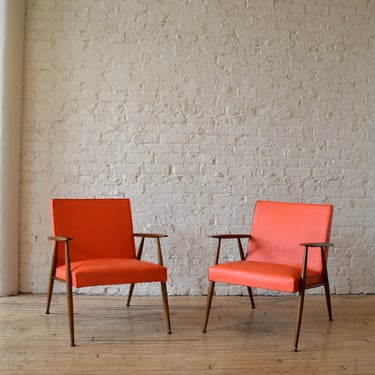 Pair MCM Orange Lounge Chairs w/ Wood Frame