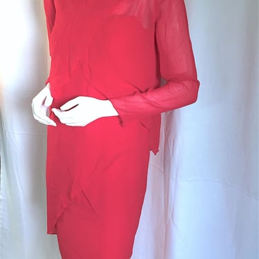 70s BILL BLASS Dress, Red Silk Midi Dress, 90s Tom Ford Slip Dress Vibe, Ladylike Tea Length Dress, Chiffon Cocktail Dress, Wedding Guest 