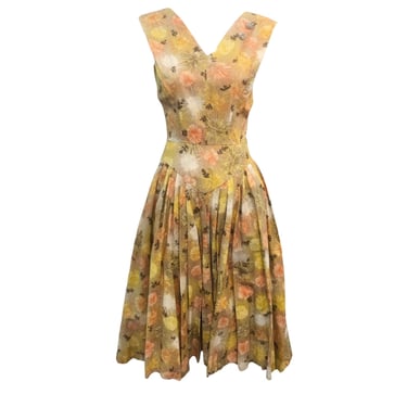 Har Gee of Florida 1950's Yellow Cotton Dress with Exploding Dandelion Print