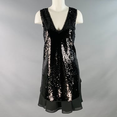 EMPORIO ARMANI Size 2 Black Polyester Blend Sequined V-Neck Layered Tank Dress