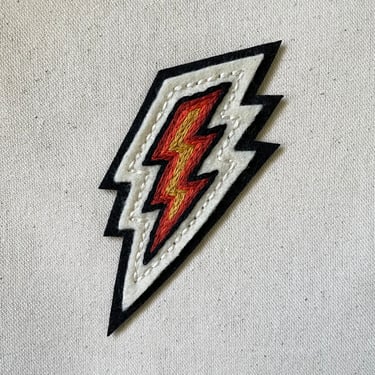 Handmade / hand embroidered black & off white felt patch - orange and yellow ombre lightning bolt  - vintage style - traditional tattoo fla 