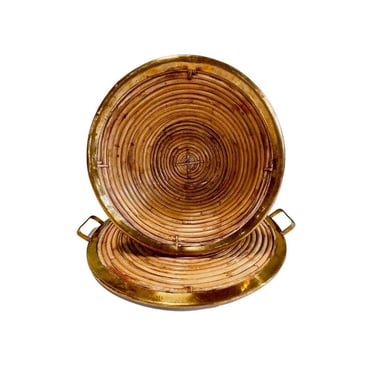 Rattan Brass Tray and Bowl, Style of Gabriella Crespi, Italy 1970