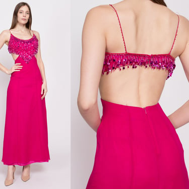 90s Hot Pink Silk Sequin Showgirl Evening Gown, As Is - Extra Small | Vintage Backless Cutout Sleeveless Formal Maxi Dress 