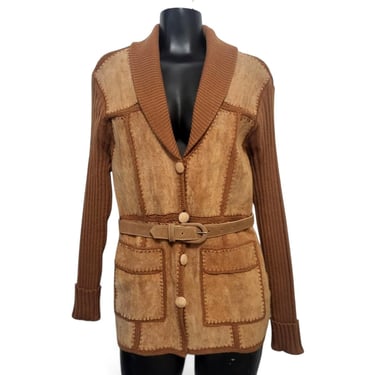 1970s Vintage Daddy's Money Suede Sweater Jacket, Brown Patchwork Knit Cowhide Leather, Shawl Collar Button Front Cardigan, 70s Clothing 