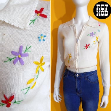 Cute Vintage 70s White Collared Zip Cardigan with Colorful Ribbon Flowers 