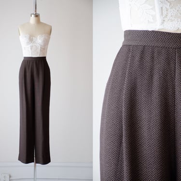 high waisted pants | 90s y2k vintage Anne Klein dark brown beige chevron striped wool wide leg trousers 