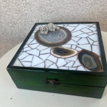 Vintage Kitsch Square wood Box Art Agate Tile With Bear 7” X 7” X 3” Handmade 