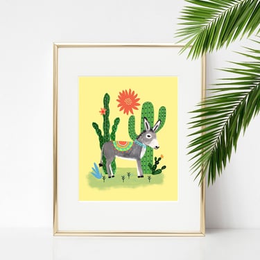 Donkey and Cactus 8x10 Art Print/ Colorful Bohemian Nursery Art/ Desert Animal Illustration/ Succulents Wall Decor/ Kids Room Decor 