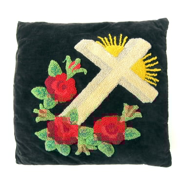 Vintage Punch Needle Pillow, Punch Needle Embroidery on Black Velvet, Cross with Red Roses, Tattoo Flash, Easter Crucifix, Catholic 