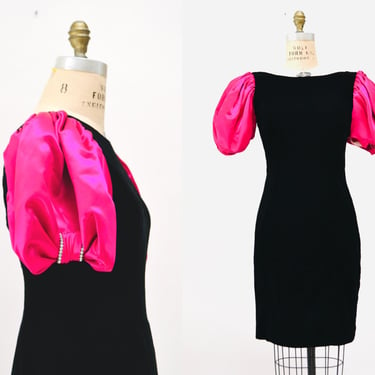 Vintage Black Pink 80s Prom Party Dress // Vintage 80s Party Pink Barbie Costume Dress Small Medium Black Velvet Pink Poof Sleeve Dress 