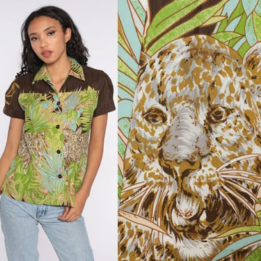 Jungle Animal Shirt 70s Leopard Blouse Button Up Tropical Shirt Bohemian Top Novelty Hippie Boho Vintage Puff Sleeve Brown Green Small 