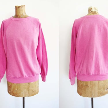 Vintage 80s Hot Pink Raglan Sweatshirt S - 1980s Bright Barbie Pink Crewneck Pullover 