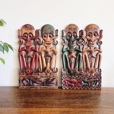 Vintage South Asian Pair of Painted Wooden Carvings 