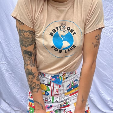 Vintage NO SMOKING Tshirt / Butt Out For Life / Gender Neutral Tshirt / Unisex / Tan and Blue Graphic Tee 