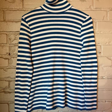 Med, Vintage 1970s Blue and White Striped Knit Turtle Neck Sweater, Quarter Zip 