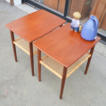 Handsome Pair of Teak Compact Side Tables w/ Cane Wrapped Shelves