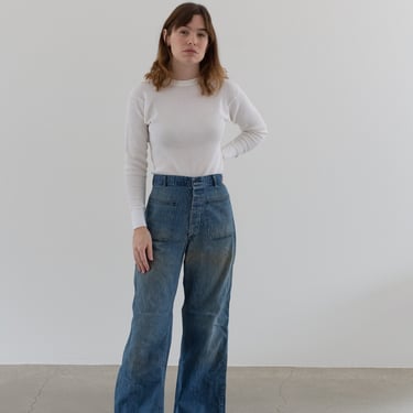 Vintage 29 Waist Button Fly High Rise Jeans | 60s Mended Worn in Wide Leg Flare Denim | Sailor Flare Nautical | 