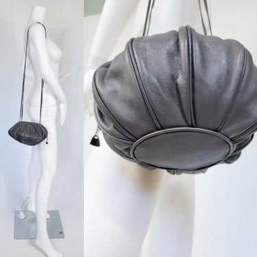 Round 1980's Grey Leather Flying Saucer Shaped Purse I Bag I Brio! I Shoulder Bag 