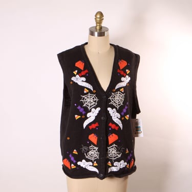 1980s 1990s Novelty Ghost, Candy and Spiderweb Button Down Vest by Bobbie Brooks -XL 