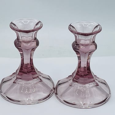 Pair Vintage Indiana Lavender Light Purple Glass Short Candlesticks- Chip Free 