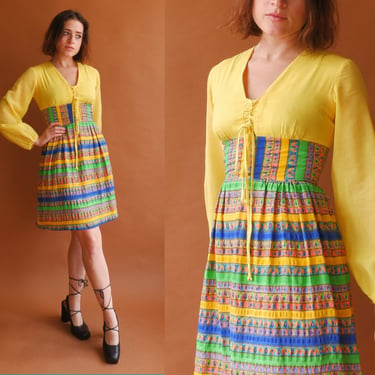 Vintage 60s Lace Up Mini Dress/ 1970s Yellow Floral Dress/ Size Small 