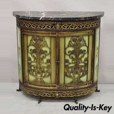 French Victorian Wrought Iron Oscar Bach Demilune Marble Top Console Cabinet