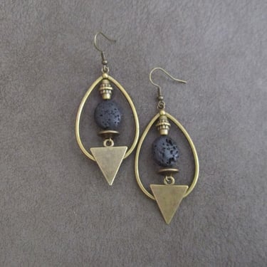 Mid century modern hoop earrings with black lava rock 