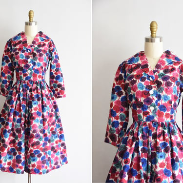 1950s Brilliant Bud dress/ vintage 50s floral daydress / vibrant silk full skirt daydress 