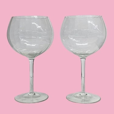 Vintage Wine Glasses Retro 1970s Contemporary + Clear Glass + Ribbed Design + Balloon + Set of 2 + Stemware + Drinking + Alcohol + Barware 